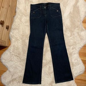 Theory dark wash denim women’s jeans with a slight flare at bottom.